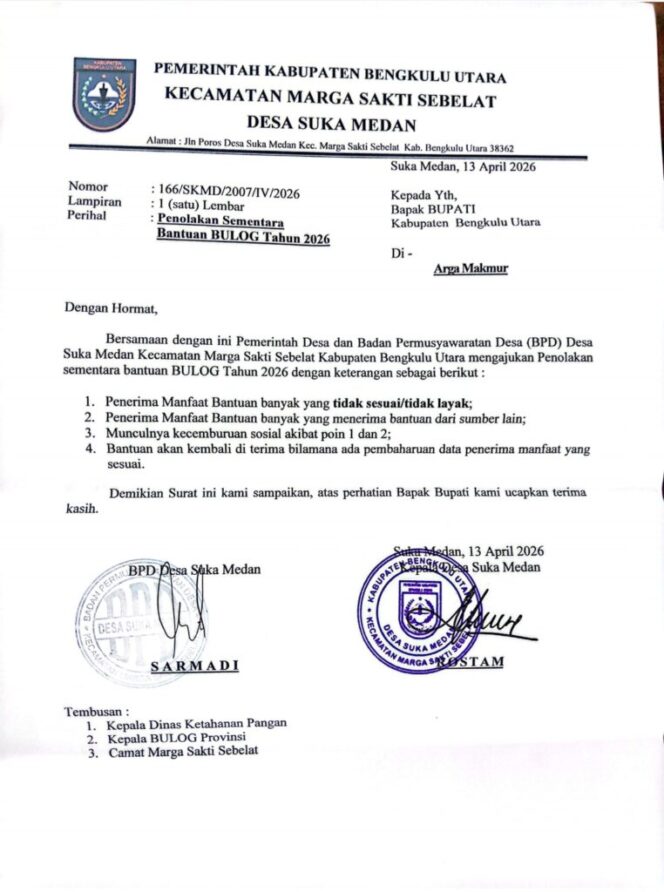 
 Desa Suka Medan Tolak Sementara Bantuan Bulog 2026, Data Penerima Disorot Tajam