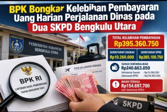 
 BPK Bongkar Kelebihan Pembayaran Uang Harian Perjadin pada Dua SKPD Bengkulu Utara